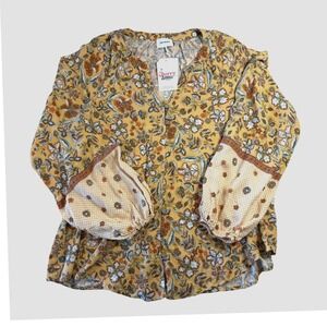 Heyson Boho Women's M Yellow Floral Print Long Sleeve Whimsical Peasant Blouse